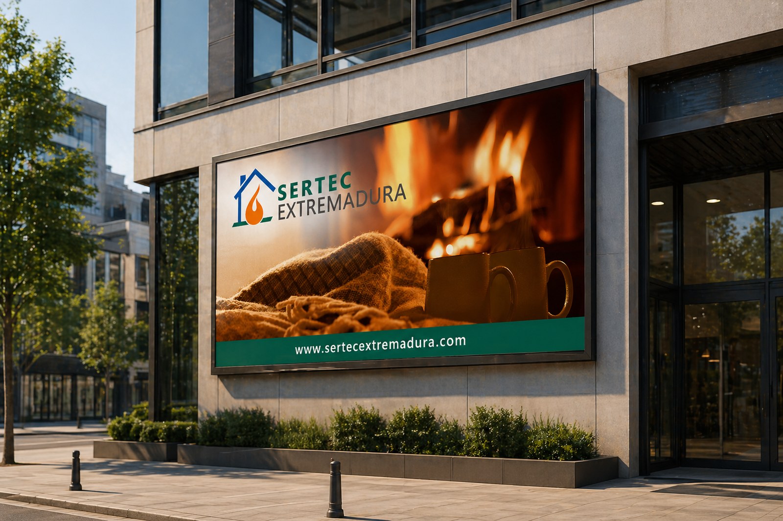 Cartel de Sertec Extremadura en la fachada del edificio corporativo en Cáceres